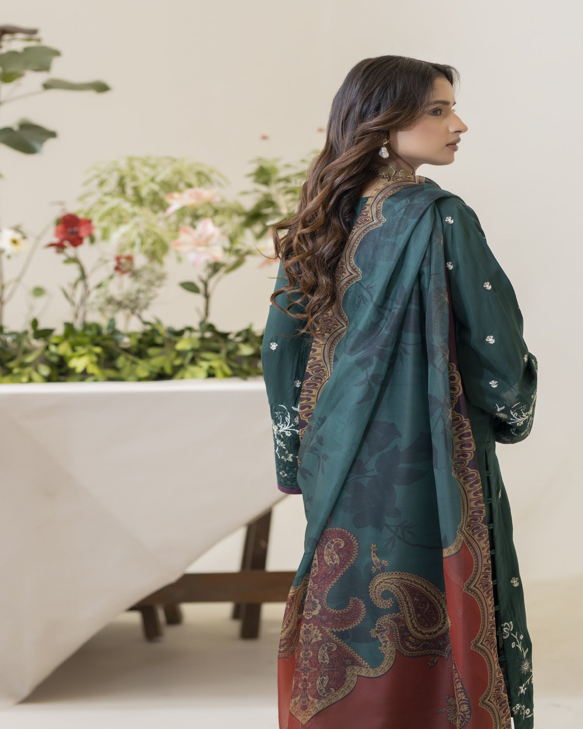 Amaya winter collection back view β embroidered viscose shirt, printed silk dupatta, dyed trouser