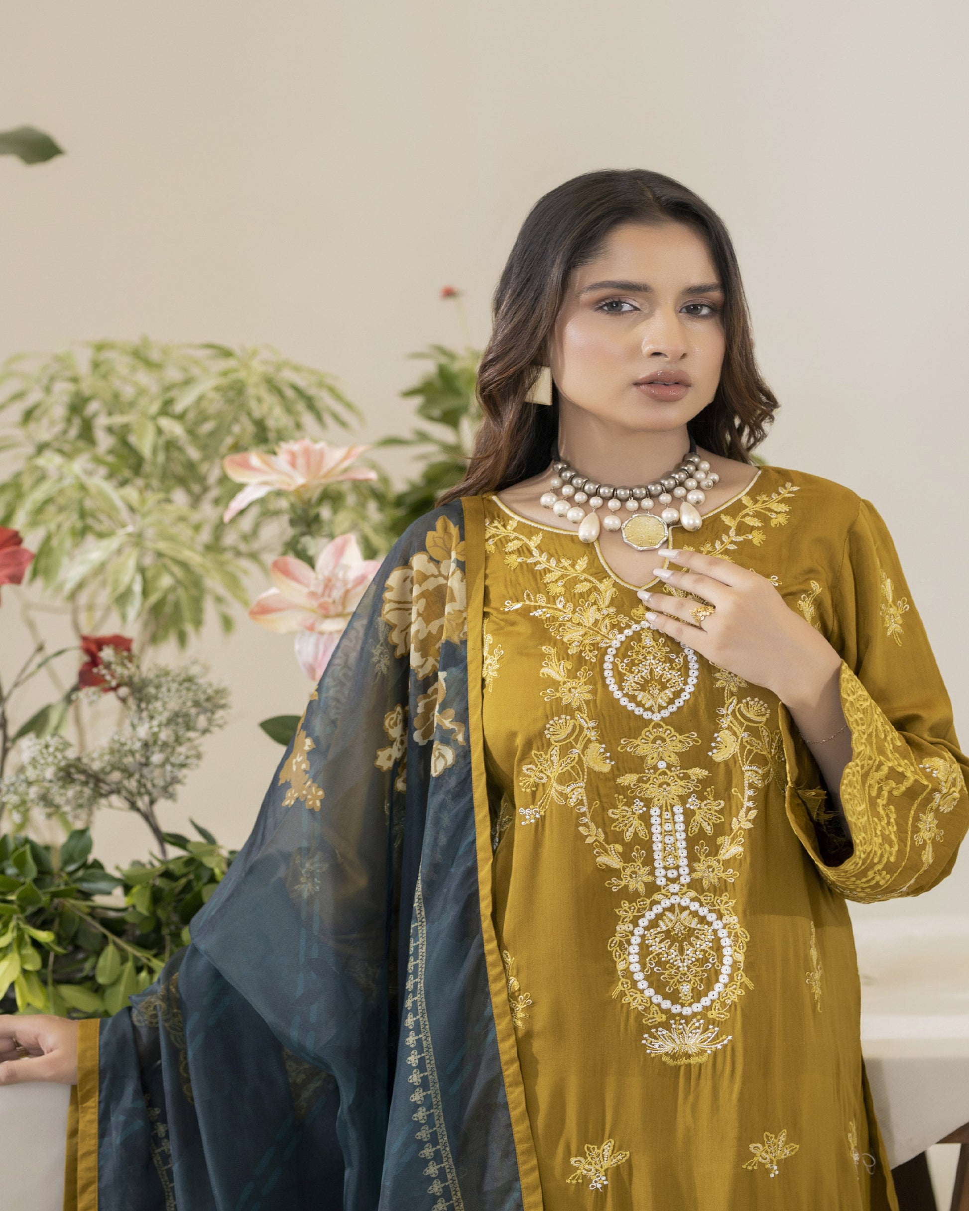 Ella close-up of embroidery detail on viscose shirt β winter collection