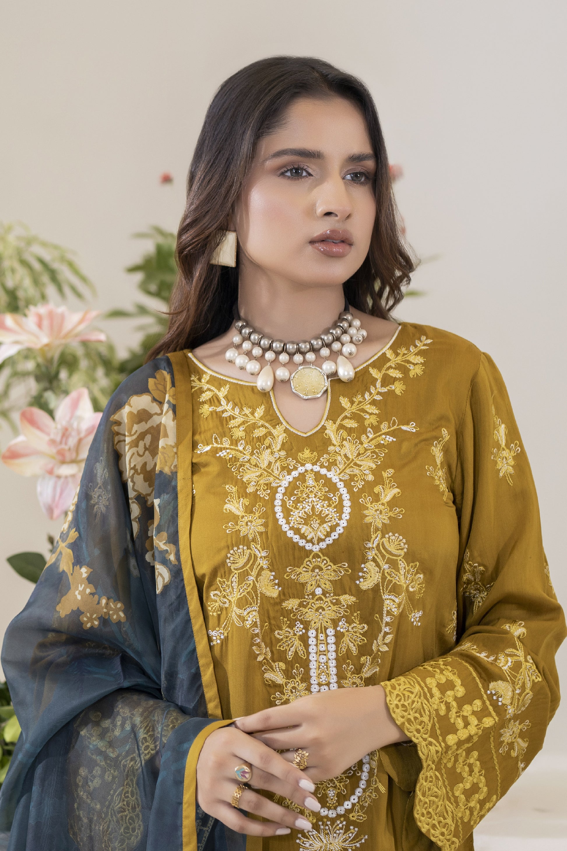 Ella close-up of embroidery detail on viscose shirt β winter collection