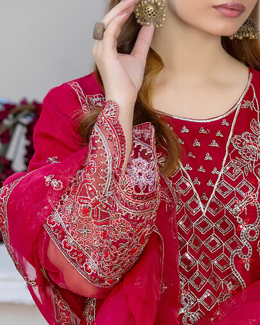 Close up of Laal e Gul’s embroidered organza sleeve showcasing delicate threadwork, floral motifs and border accents on the fabric.