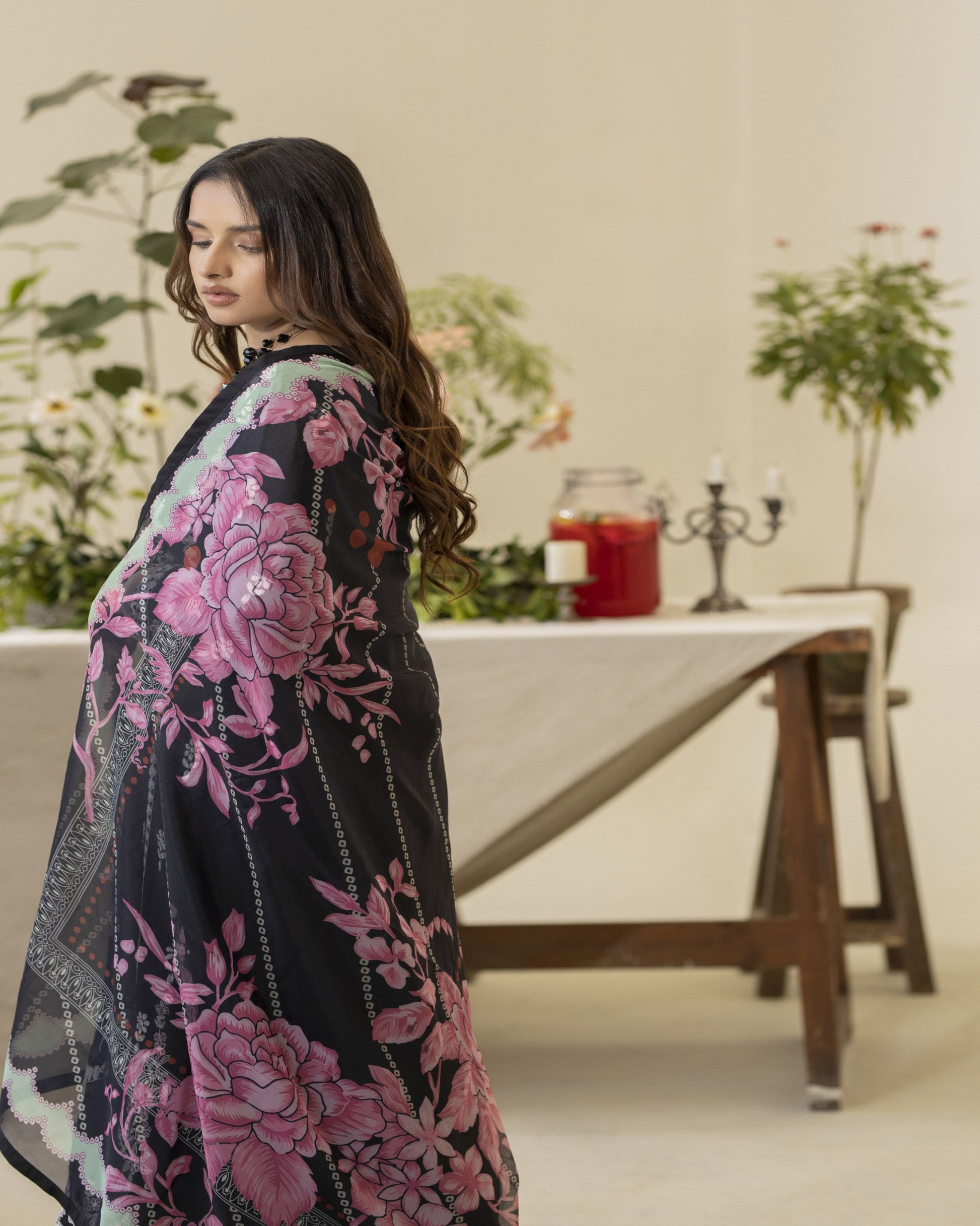 Nazak winter collection three-piece set back view β viscose shirt, printed silk dupatta, dyed trouser