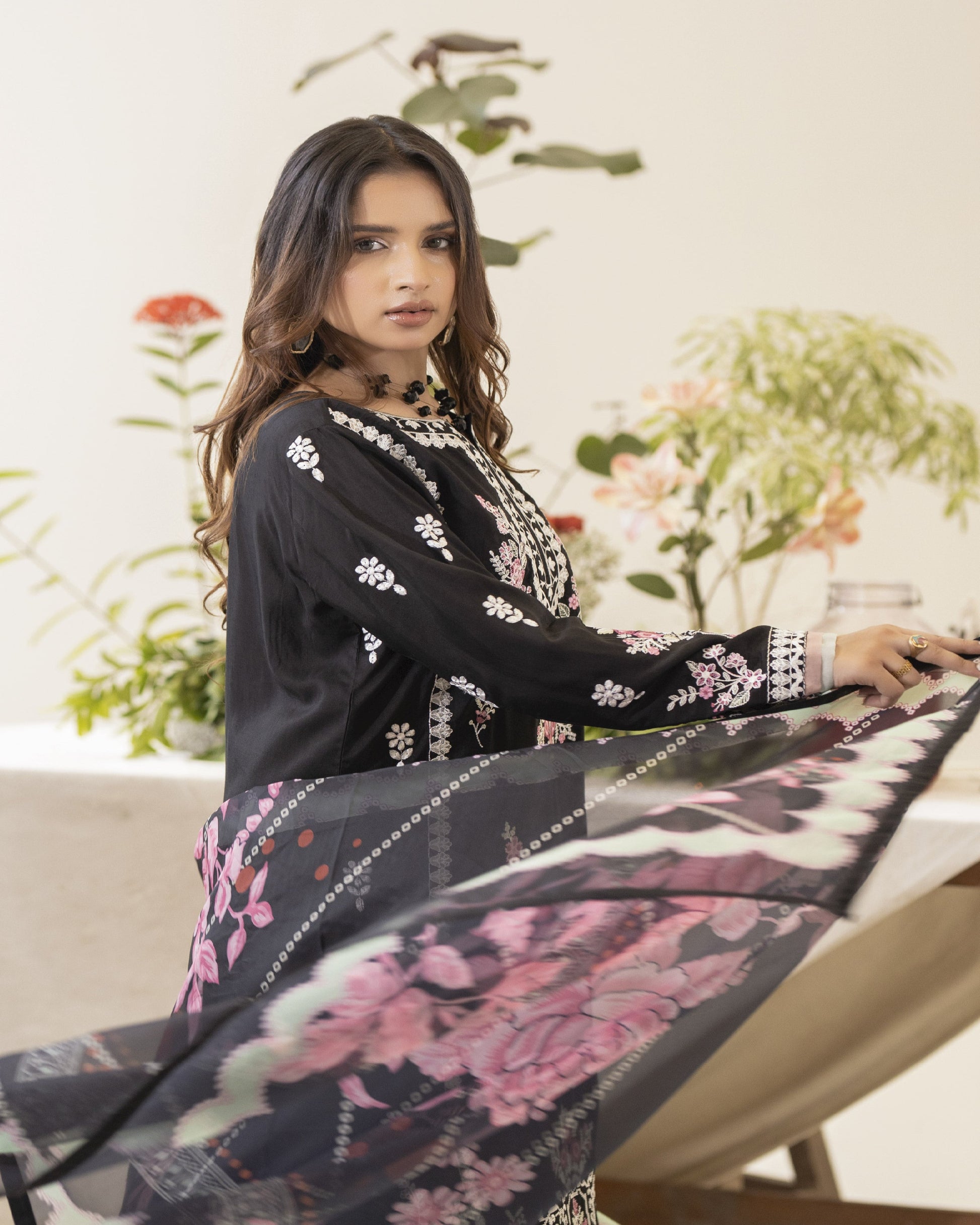 Nazak digital printed silk dupatta detail β winter collection
