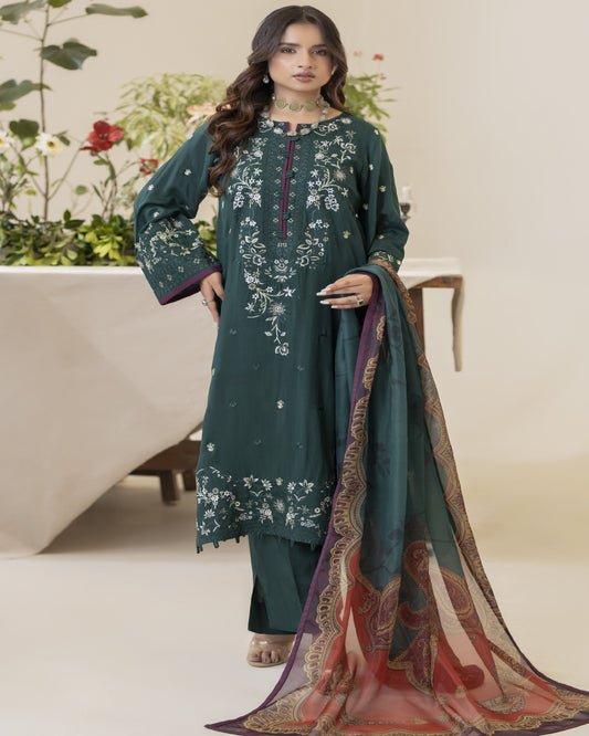 Amaya viscose embroidered shirt with digital printed silk dupatta and viscose dyed trouser – front view