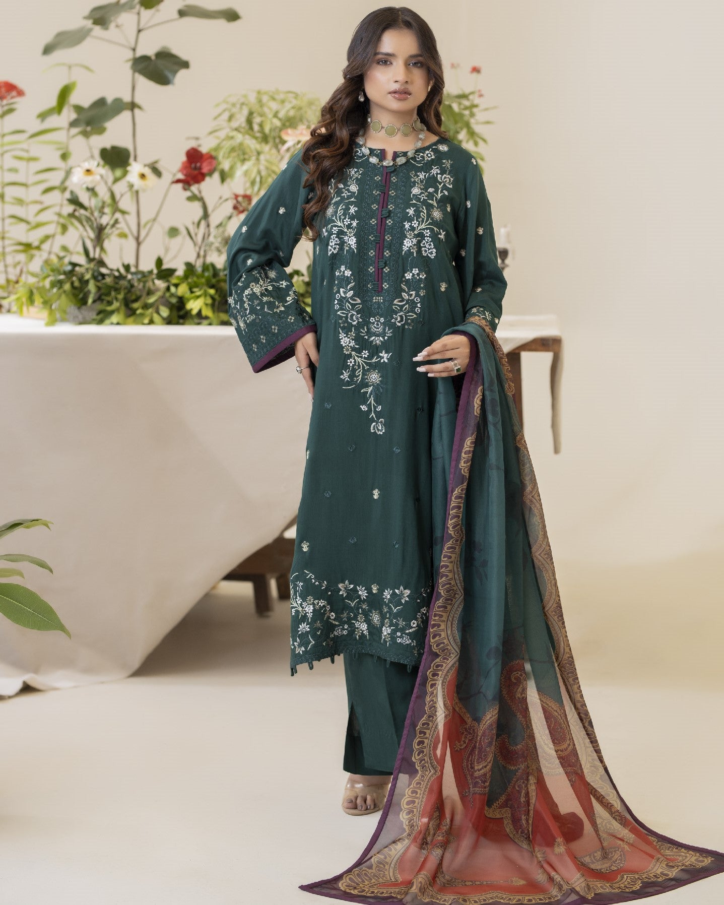 Full front view of Amaya showing embroidered viscose shirt with digital printed silk dupatta and dyed trouser in elegant ensemble