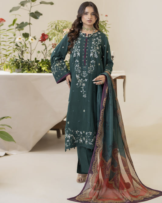 Full front view of Amaya showing embroidered viscose shirt with digital printed silk dupatta and dyed trouser in elegant ensemble