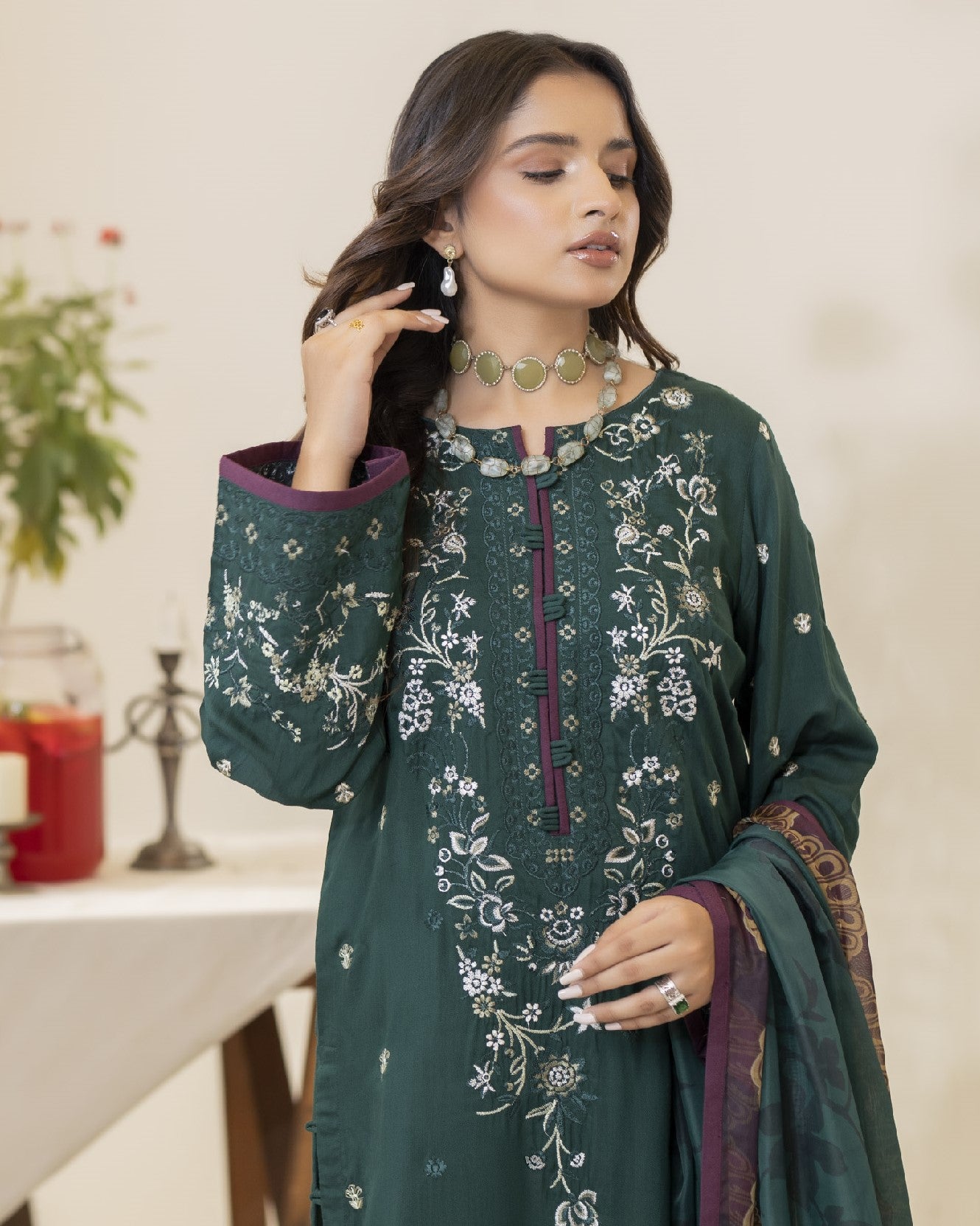 Neckline close up of Amaya highlighting embroidery pattern and stitching artistry on viscose fabric