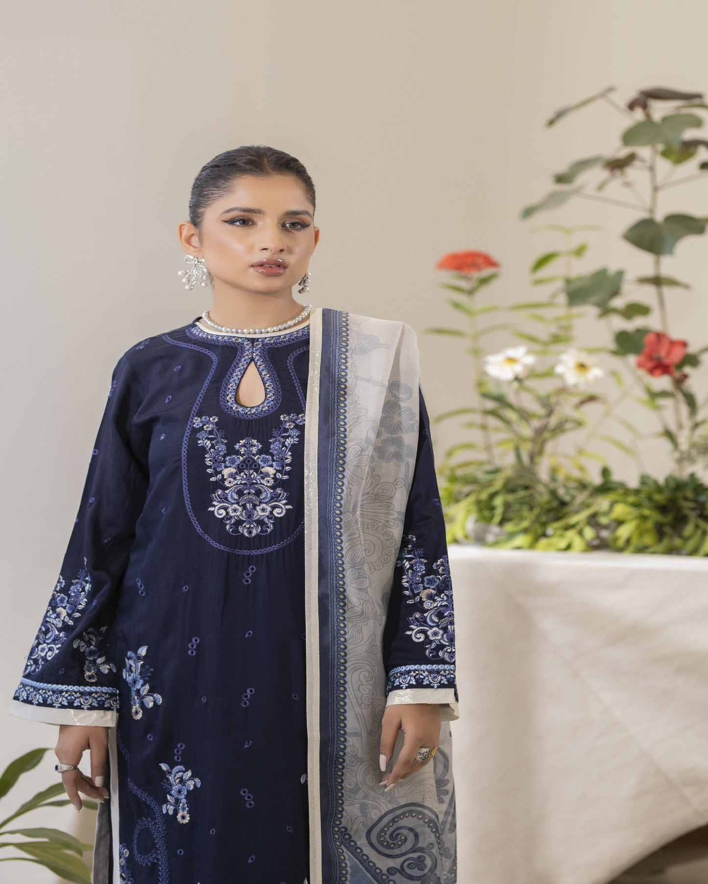 Ayzel 3-piece set styled shot – viscose shirt, silk dupatta, dyed trouser