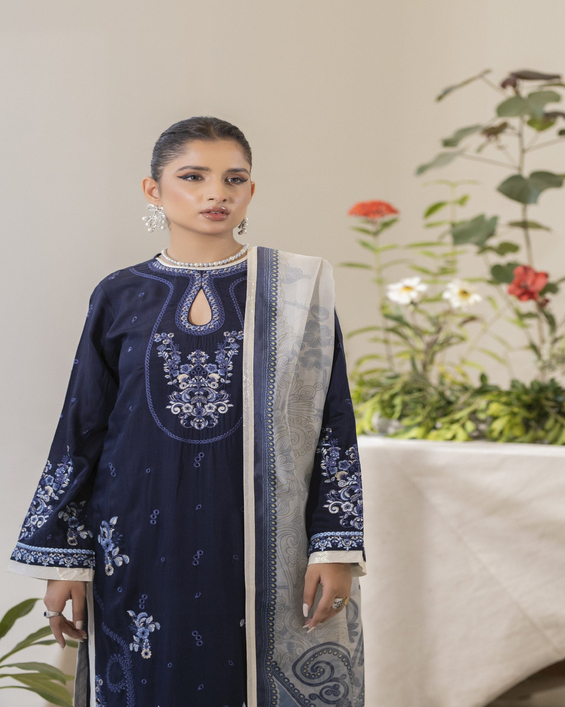 Ayzel 3-piece set styled shot – viscose shirt, silk dupatta, dyed trouser