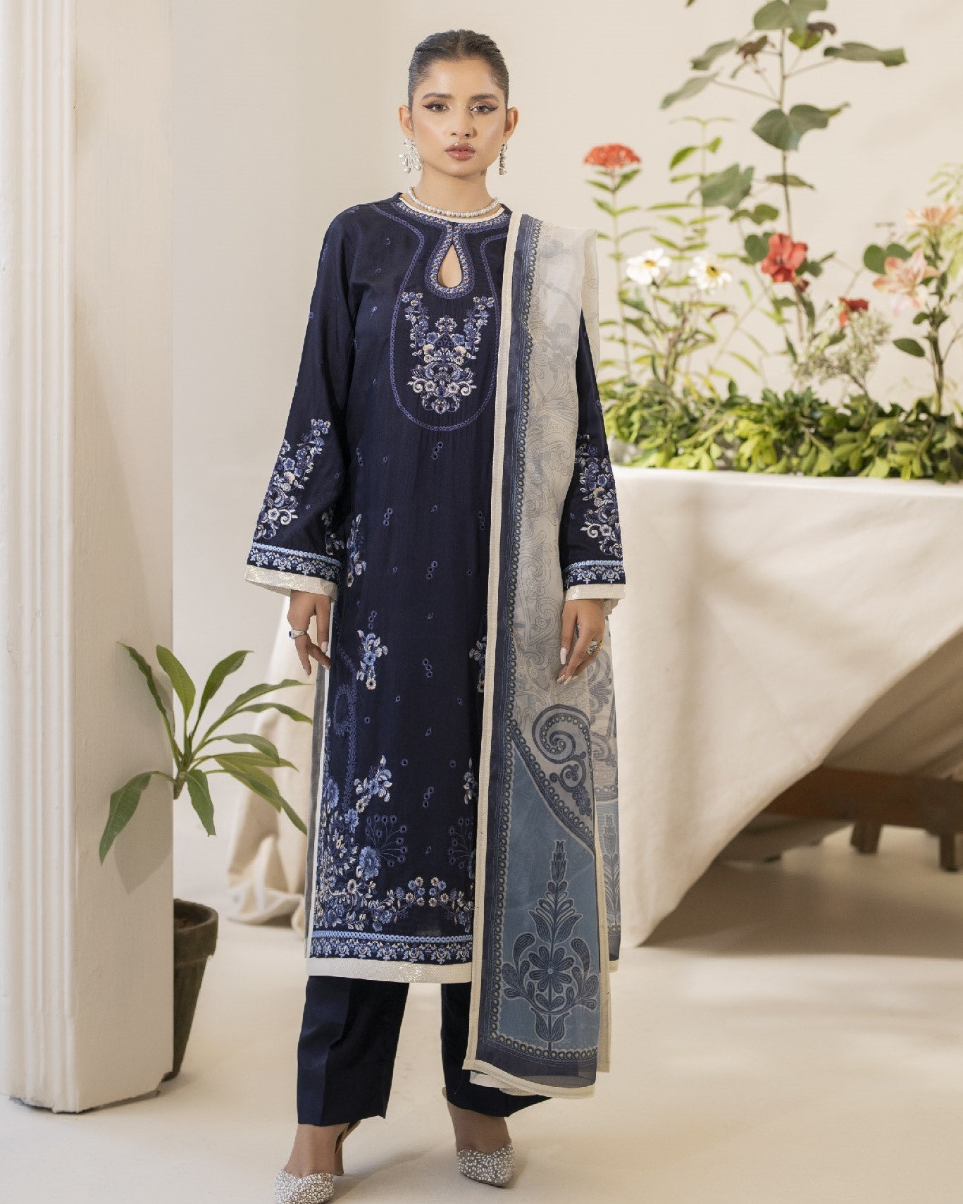 Full front view of Ayzel featuring a viscose embroidered shirt, digital printed silk dupatta and viscose dyed trouser