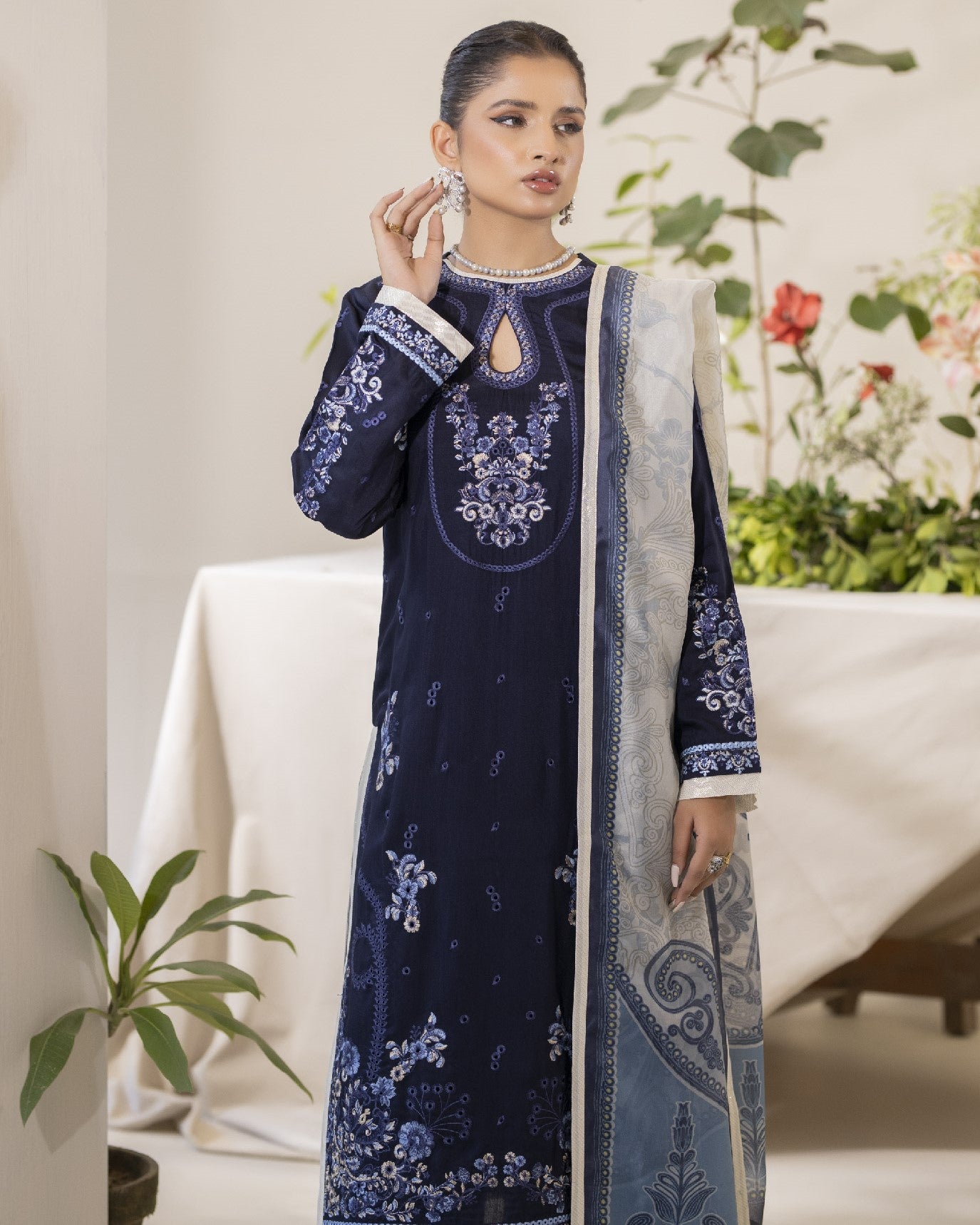 Full front view of Ayzel featuring a viscose embroidered shirt, digital printed silk dupatta and viscose dyed trouser