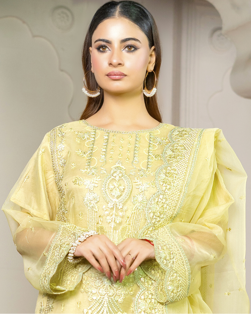 Close up of Chamak Tara’s embroidered organza sleeve showcasing fine threadwork, floral motifs and delicate edging on the fabric.