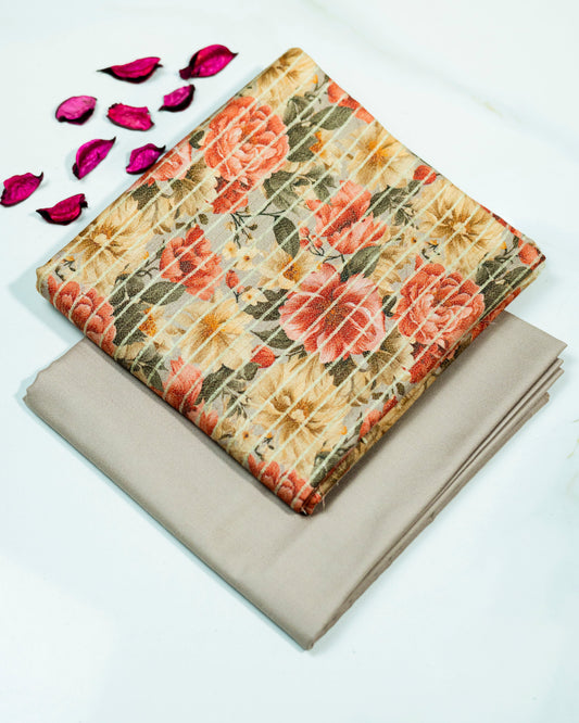 Floral-patterned fabric on a beige fabric with pink flower petals on a white background
