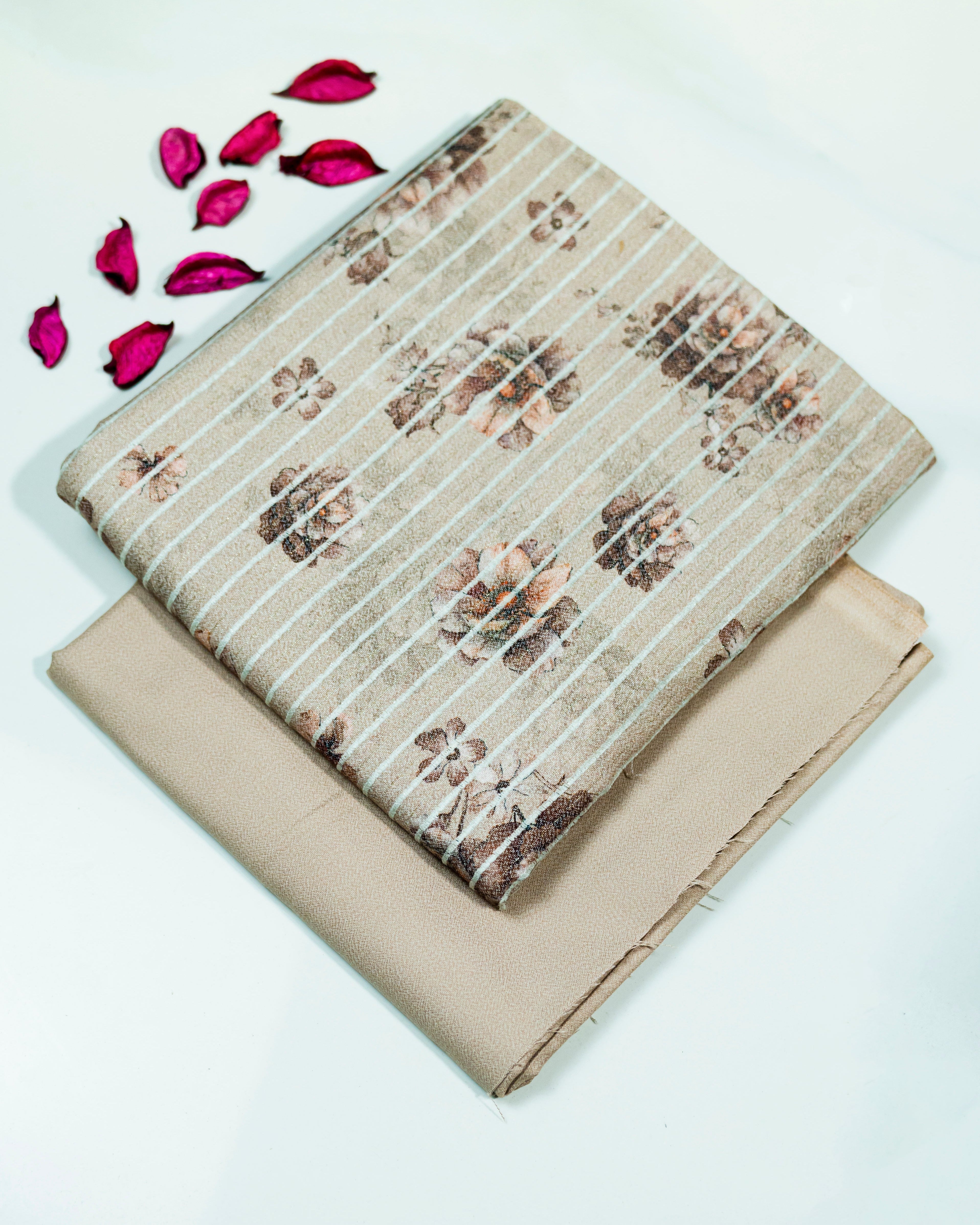 Folded fabric with offwhite print pattern on a white background