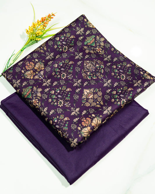 Purple fabric with floral pattern on a white background