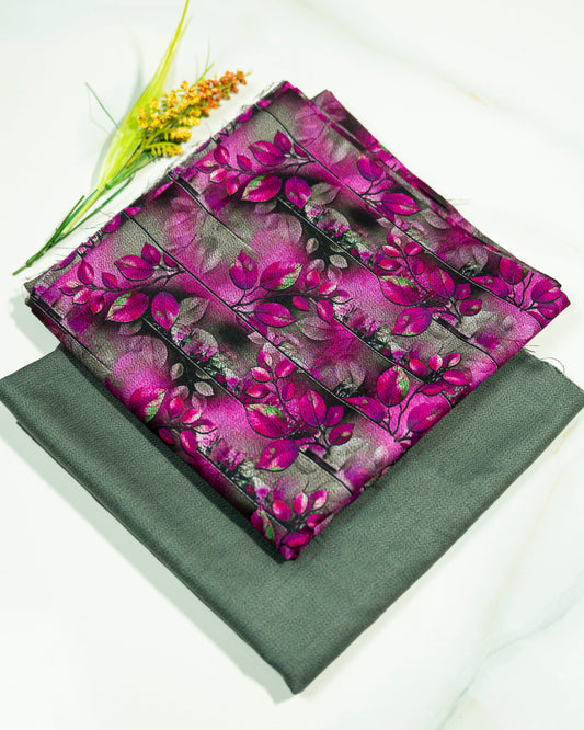Stack of fabric with purple floral pattern on a white background
