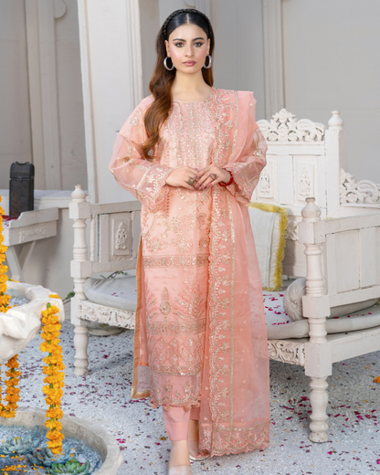 A woman wearing a traditional pink embroidered dress with a dupatta, standing in a decorative setting.