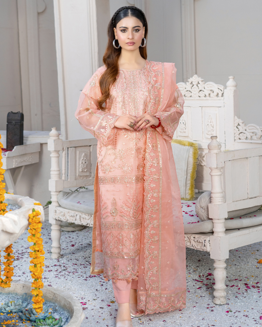 A woman wearing a traditional pink embroidered dress with a dupatta, standing in a decorative setting.