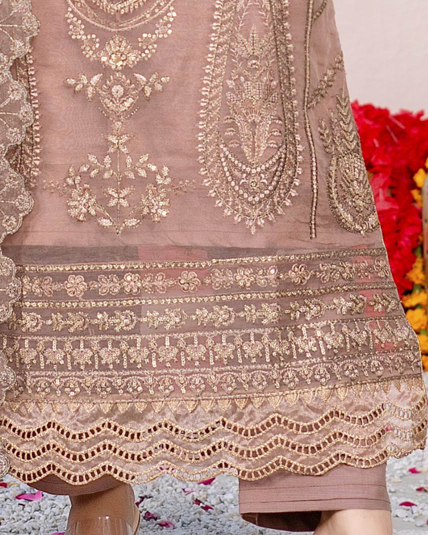 Gul-e-Farishta organza shirt embroidery border close-up — luxury formal design