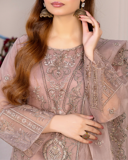 Gul-e-Farishta organza shirt embroidery close-up — luxury formal design