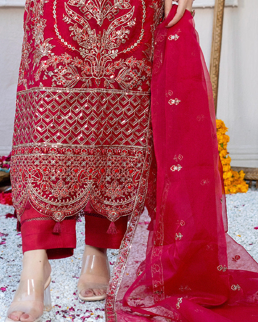 Detailed border view of Laal e Gul revealing elegant embroidery along the hemline with refined motif work.