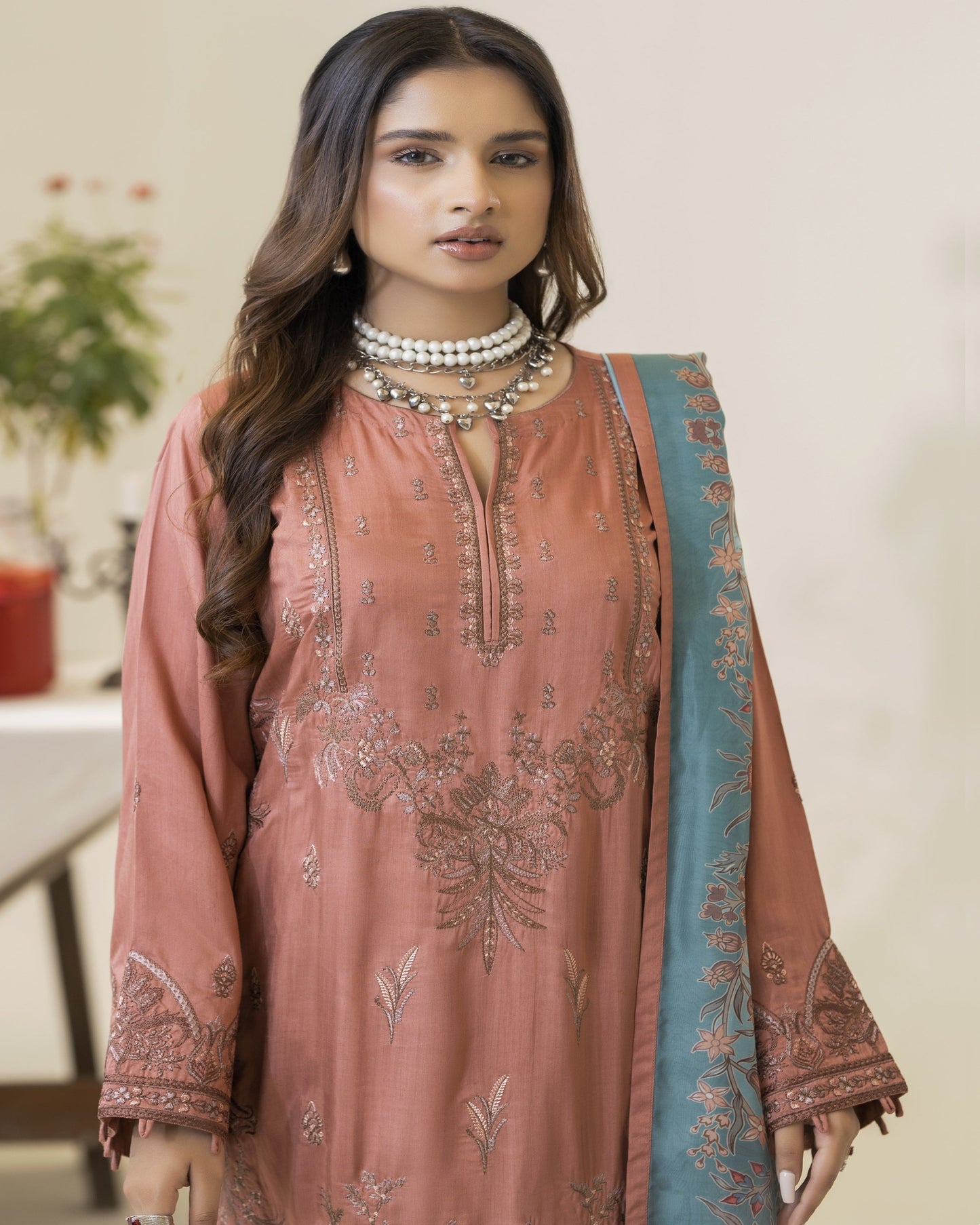 Lilli viscose embroidered shirt with digital printed silk dupatta