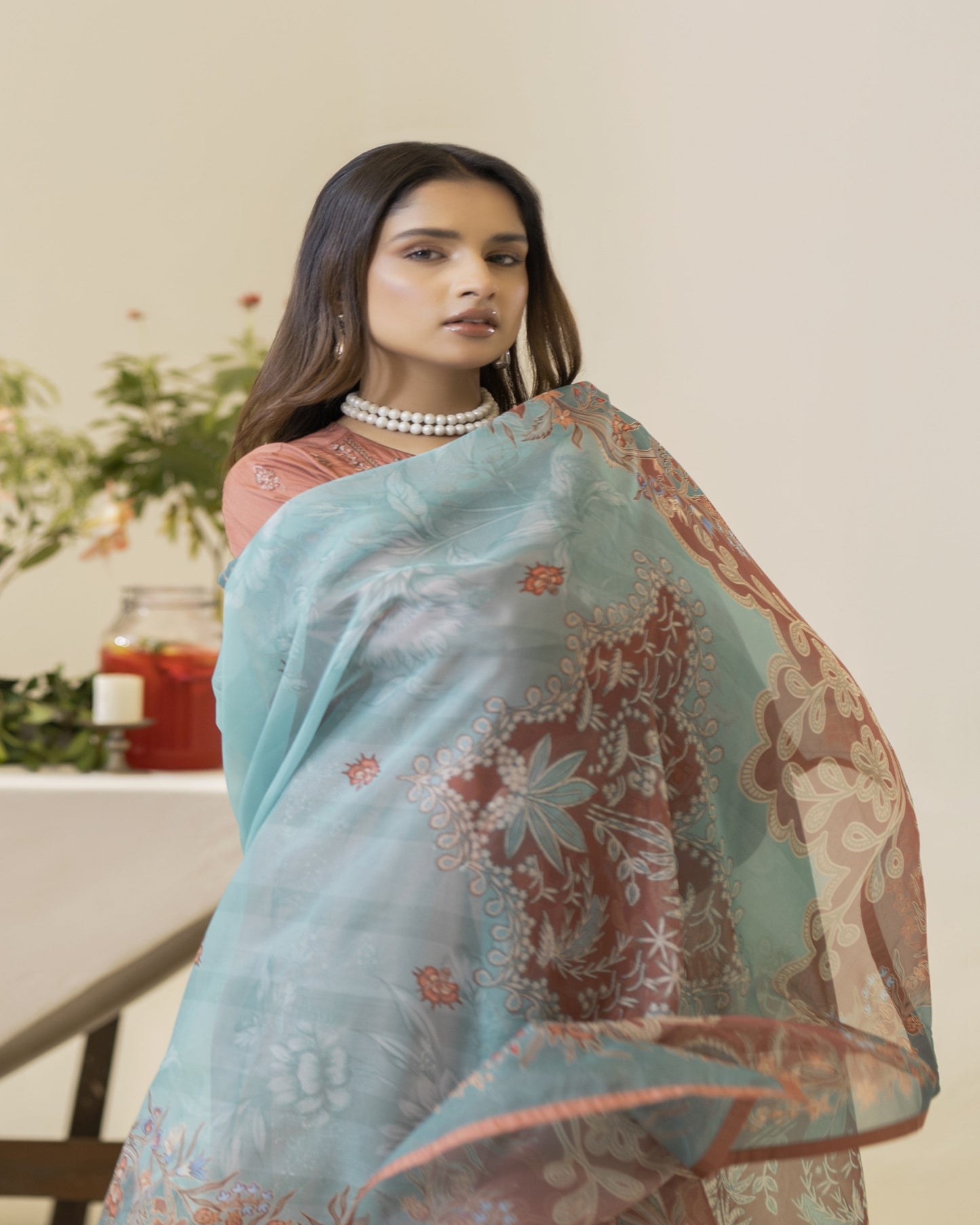 Lilli 3-piece set styled shot – viscose shirt, silk dupatta, viscose trouser