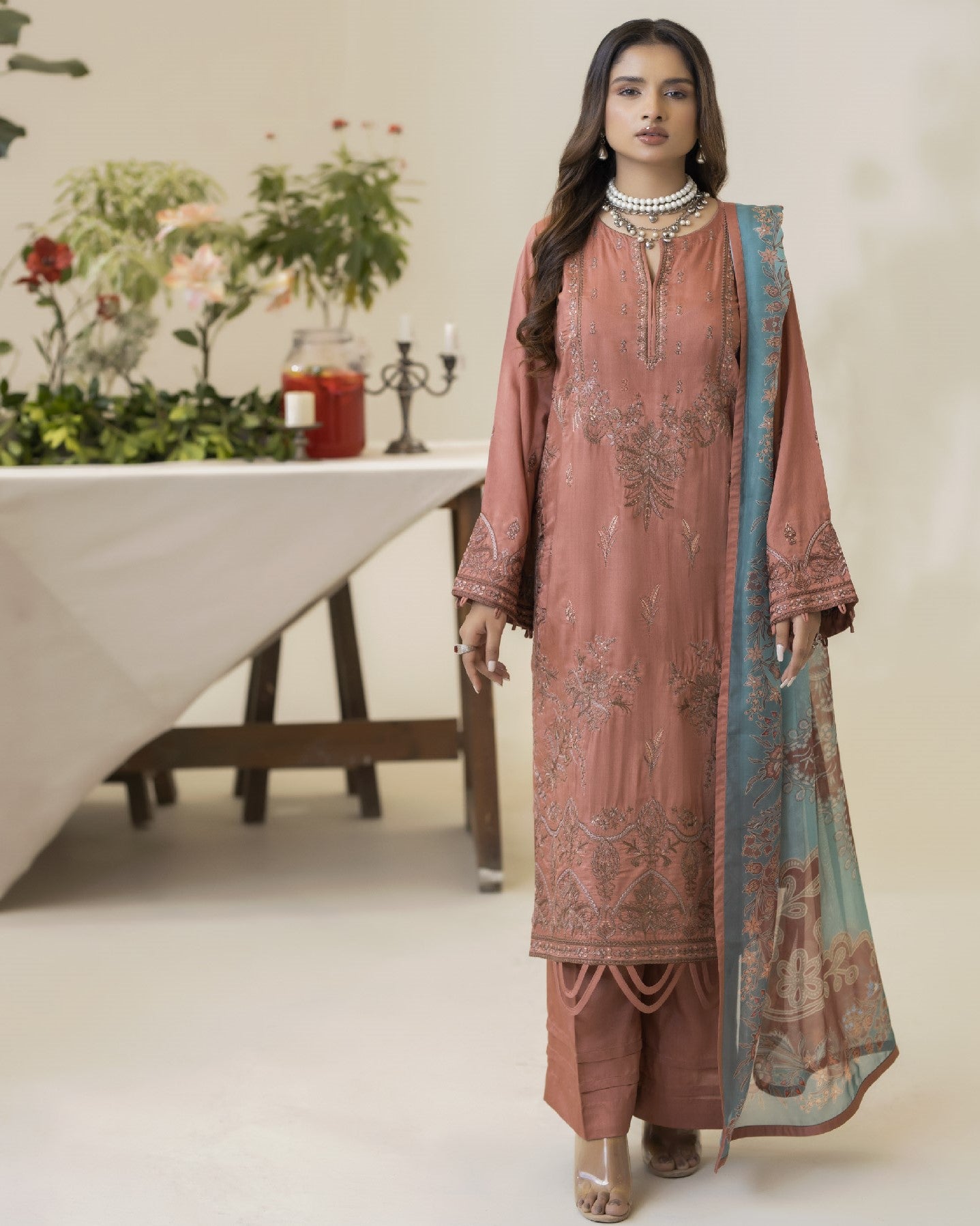 Full front view of Lilli featuring viscose embroidered shirt with digital printed silk dupatta and viscose dyed trouser in complete outfit look