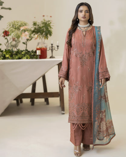 Full front view of Lilli featuring viscose embroidered shirt with digital printed silk dupatta and viscose dyed trouser in complete outfit look