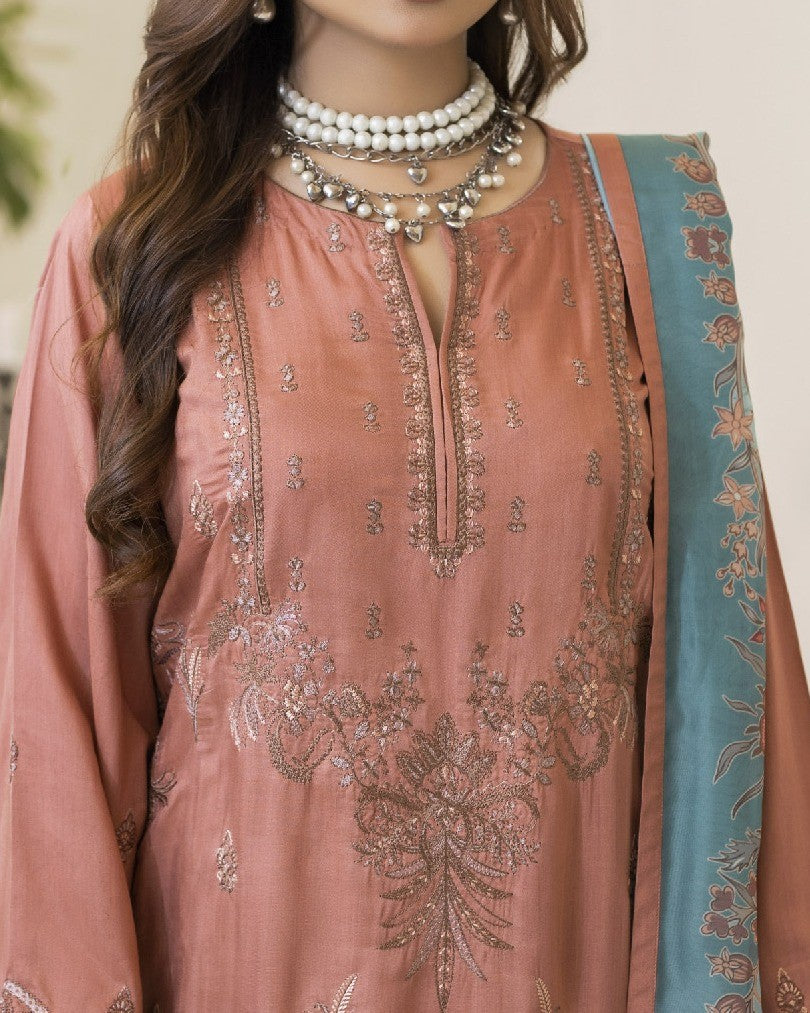 Neckline embroidery close up of Lilli highlighting delicate motifs and fine stitching on viscose fabric