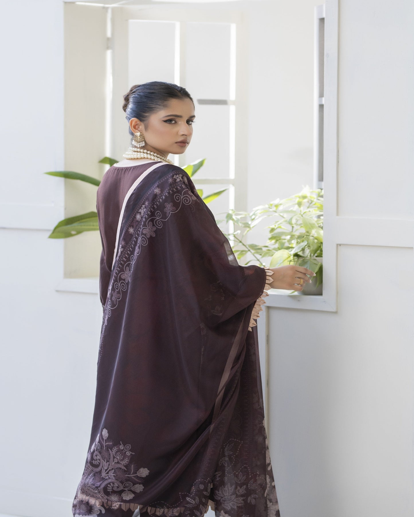 Maha 3-piece winter collection outfit back view – embroidered viscose shirt, silk dupatta, viscose trouser