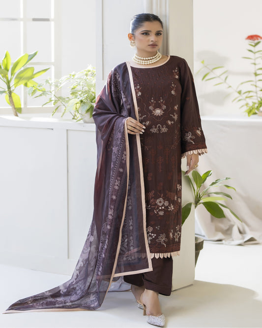 Maha viscose embroidered shirt with digital printed silk dupatta and viscose dyed trouser – front view