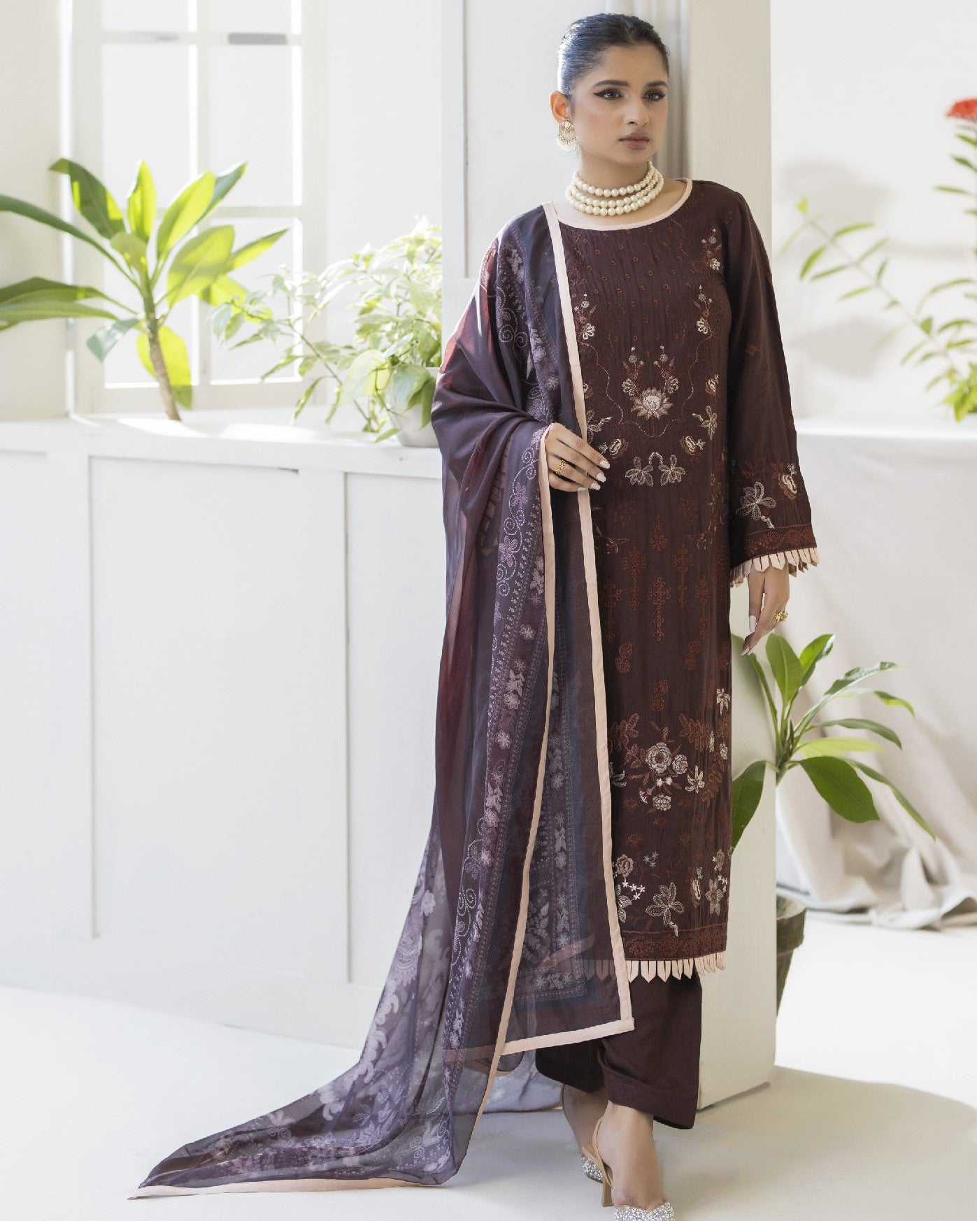 Full front view of Maha showing viscose embroidered shirt with digital printed silk dupatta and viscose dyed trouser