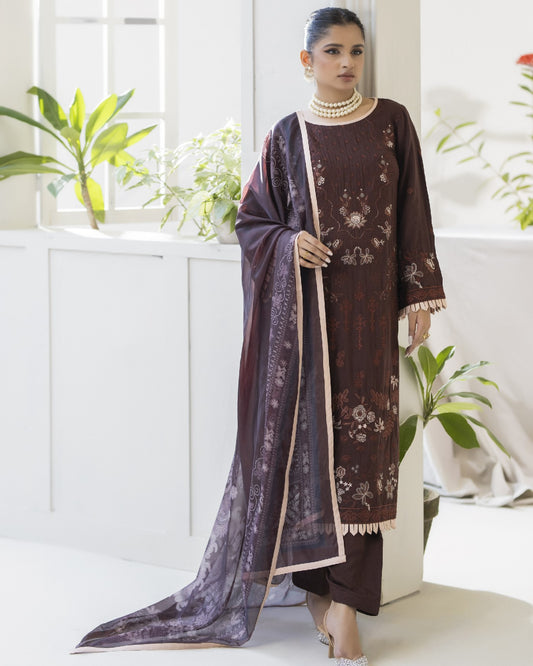 Full front view of Maha showing viscose embroidered shirt with digital printed silk dupatta and viscose dyed trouser