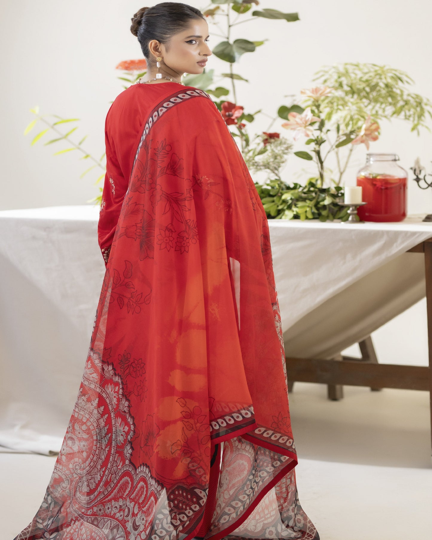 Miran winter collection back view – embroidered viscose shirt, printed silk dupatta, viscose dyed trouser