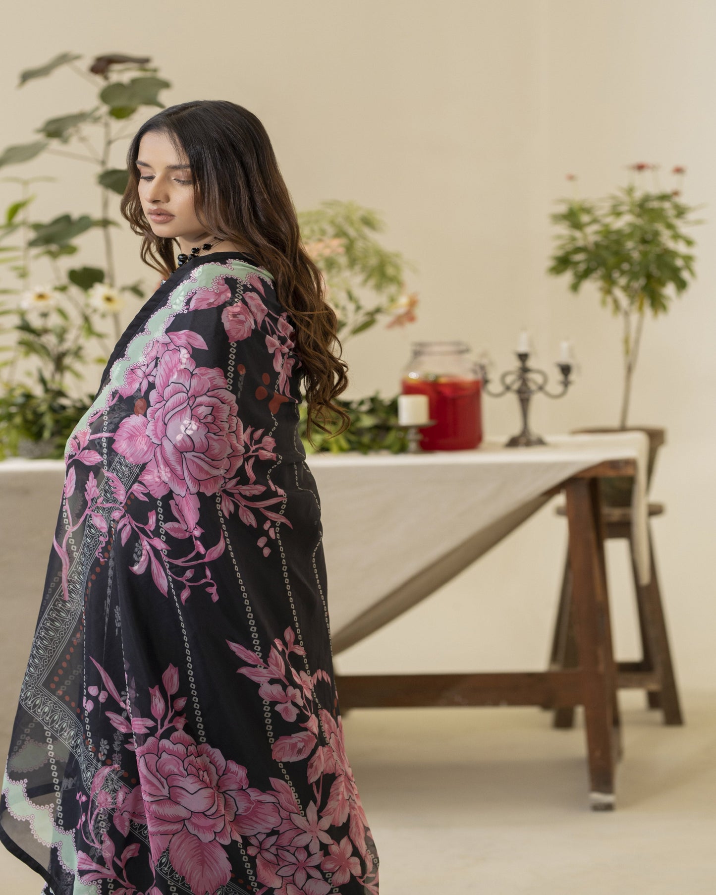 Nazak winter collection three-piece set back view – viscose shirt, printed silk dupatta, dyed trouser