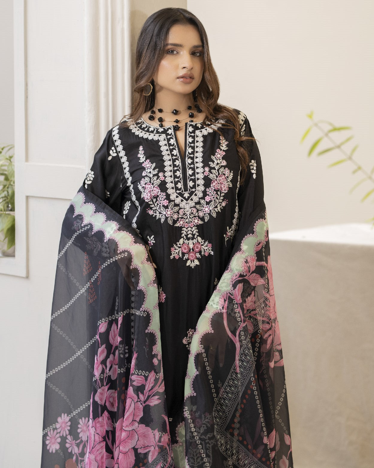 Close up of Nazak’s digital printed silk dupatta showing motif design and border detailing