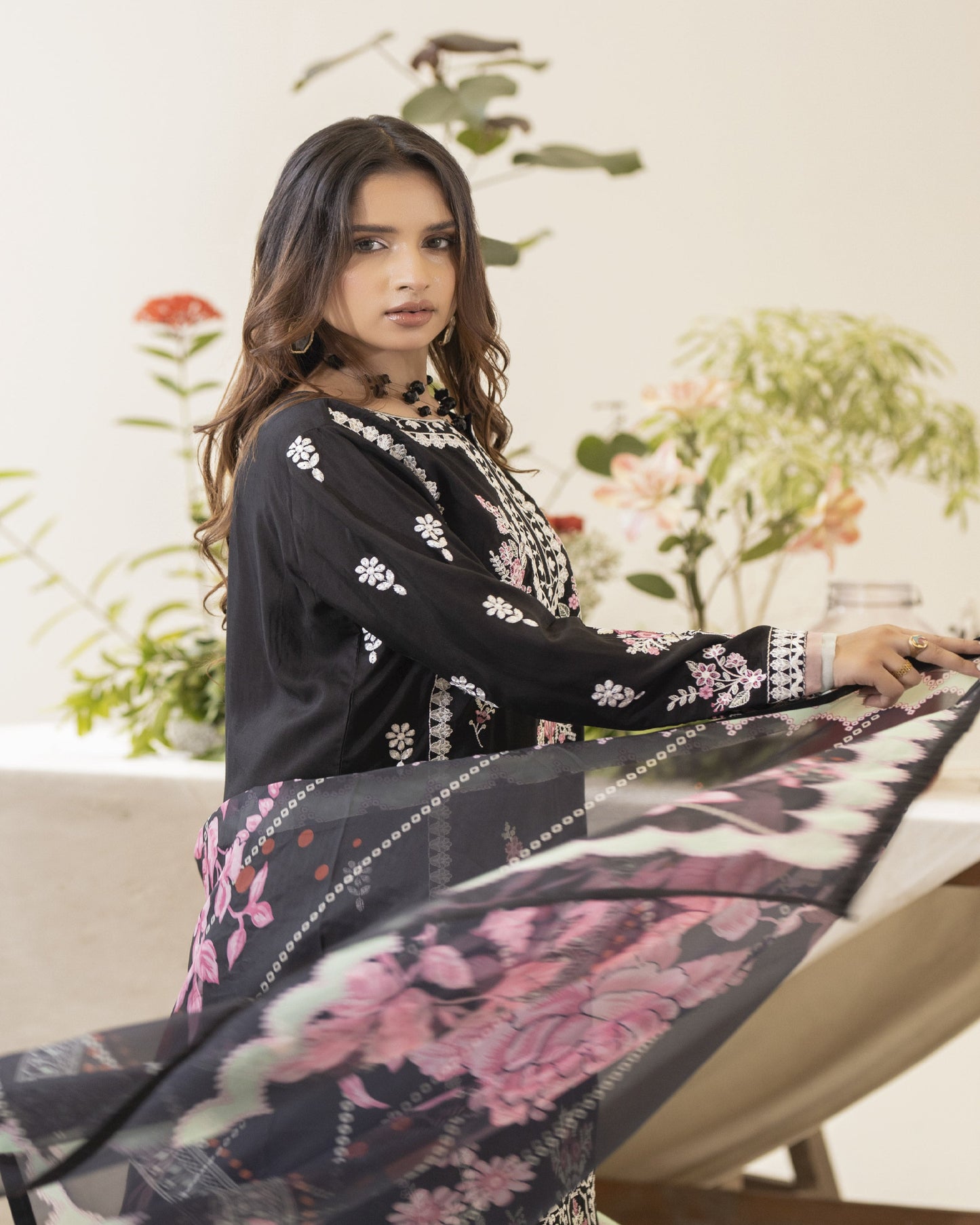 Nazak digital printed silk dupatta detail – winter collection