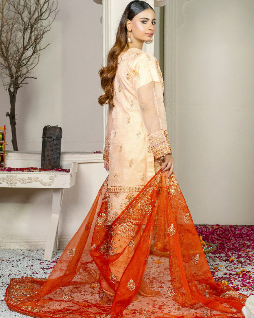 Rang-e-Sahar luxury formal back view – embroidered organza shirt, organza dupatta, raw silk trouser