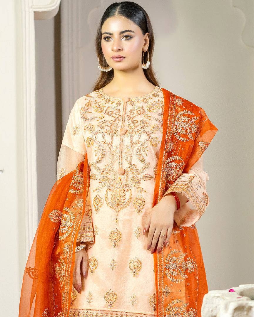 Rang-e-Sahar organza shirt embroidery detail – motifs & threadwork