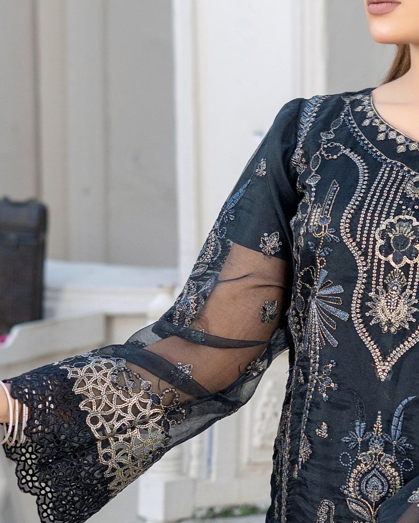 embroidered organza front shirt with dyed silk inner