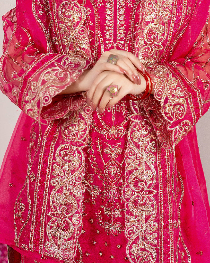 Close up of Surkh Gul’s embroidered organza sleeves showcasing detailed threadwork, traditional motifs, and refined lace borders, a perfect blend of craftsmanship and sophistication.