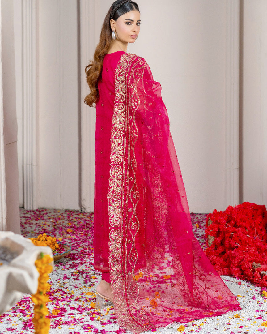 Back view of Surkh Gul, showing the embroidered organza shirt with elegant back motifs and refined detailing that add depth and grace to the luxury formal silhouette.