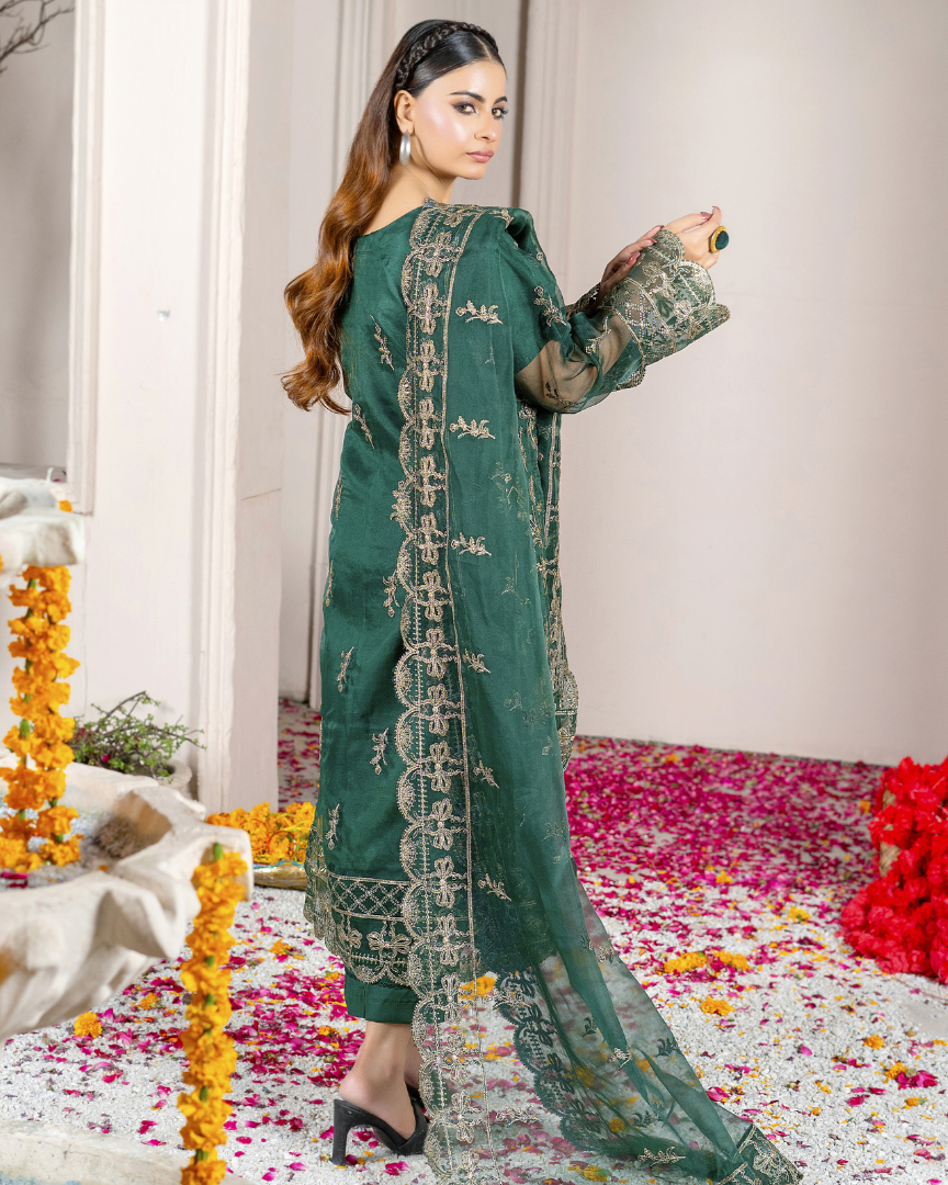 Zamurd Bahar back / side view — embroidered organza shirt, organza dupatta, raw silk trouser